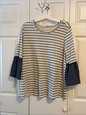 Striped White and Navy Bell-Sleeve Women’s Top